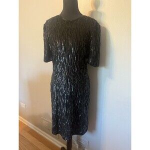 VIntage MARK AND JOHN by SAM Sz M Black Beaded Silk Dress Midi Evening Glam 80s